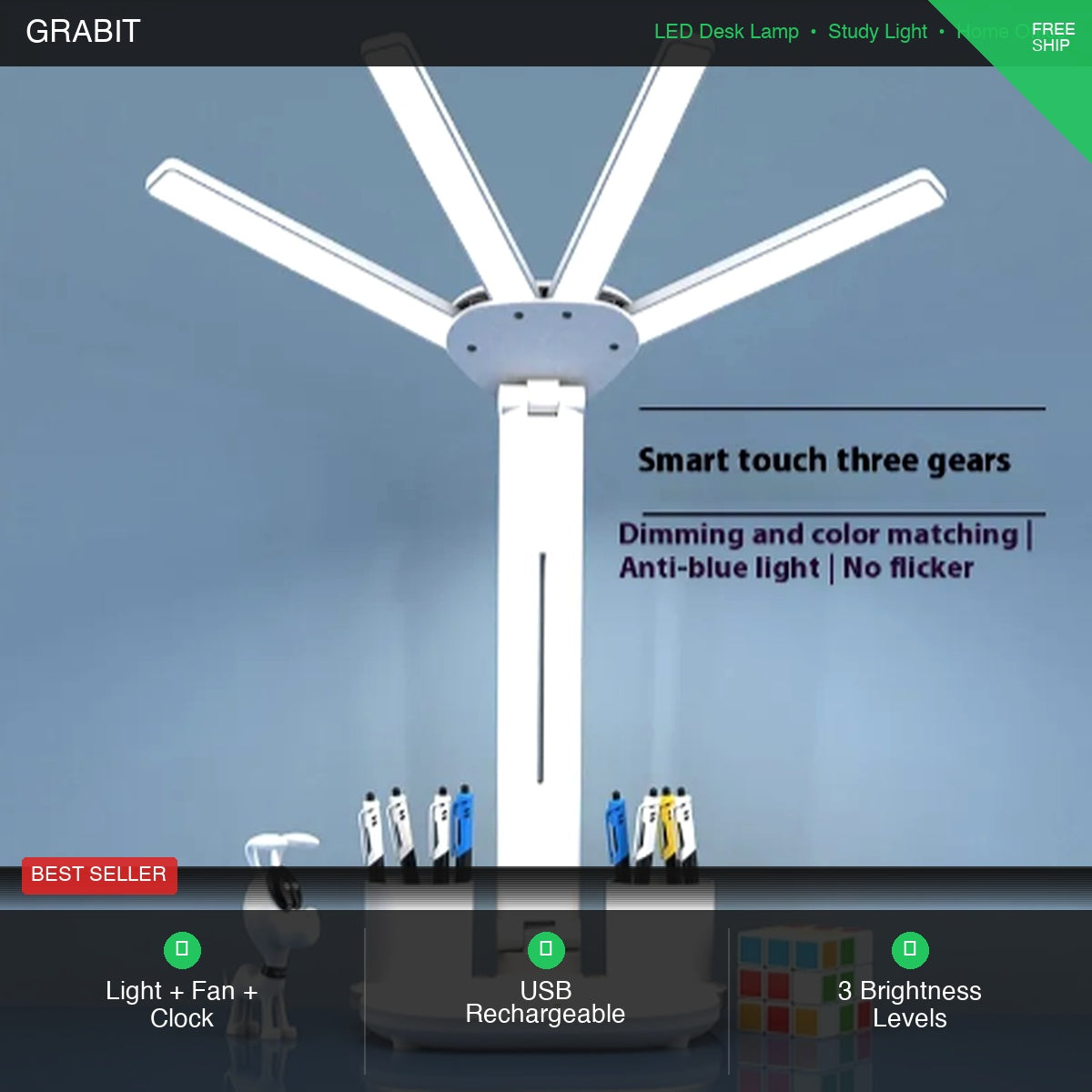 3-in-1 LED Desk Lamp with Fan and Clock UK | USB Rechargeable | Study Home Office