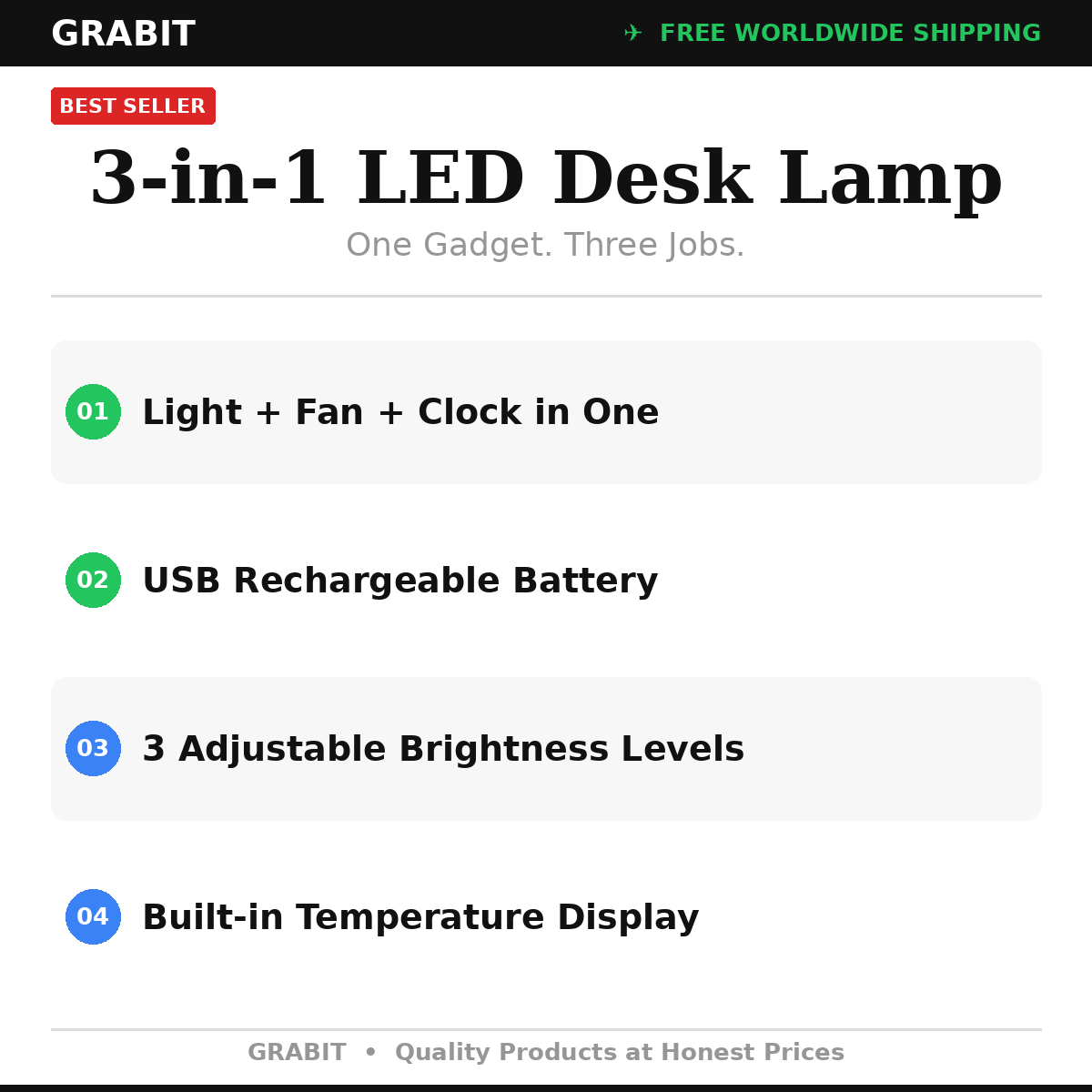 3-in-1 LED Desk Lamp with Fan and Clock UK | USB Rechargeable | Study Home Office