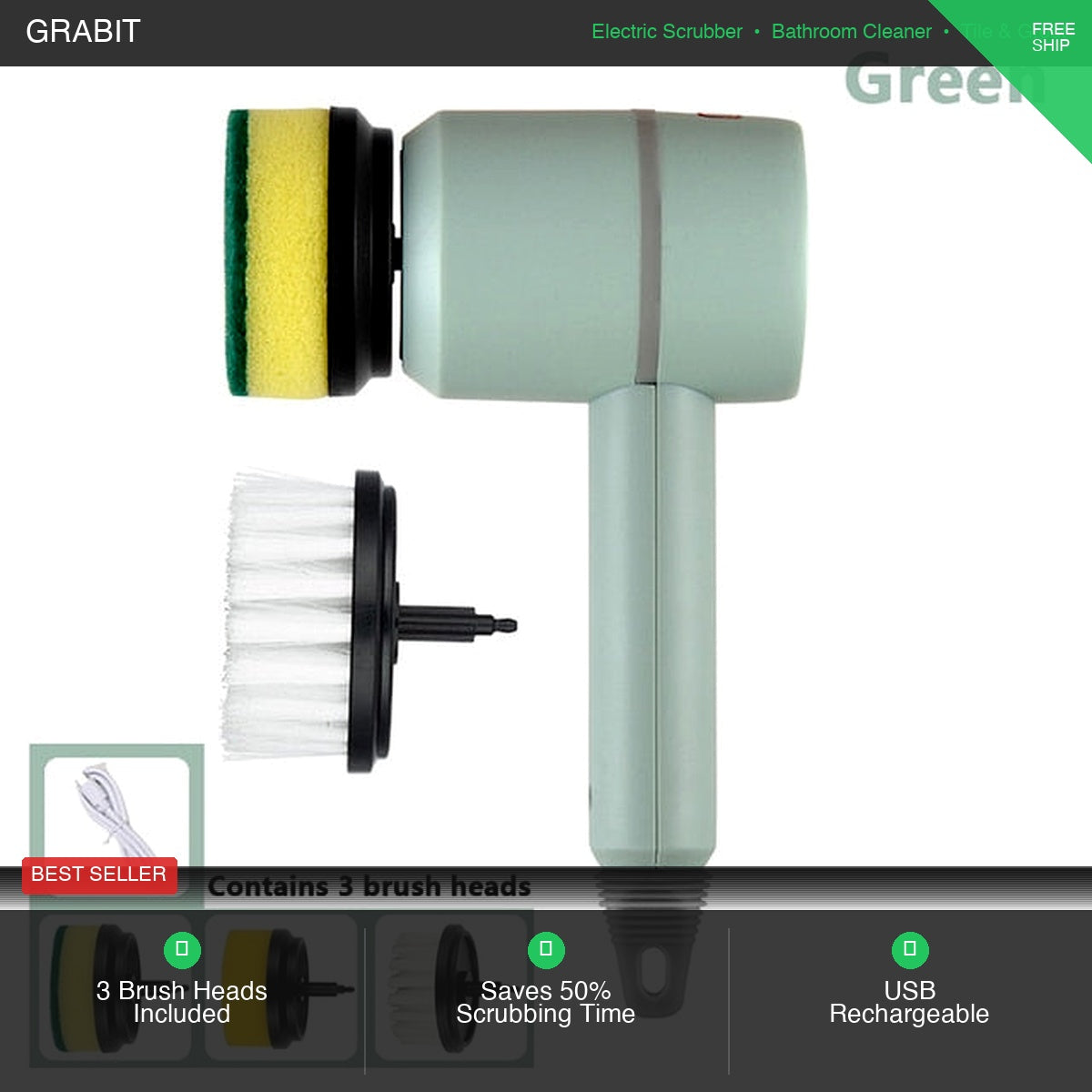 Electric Scrubbing Brush UK | USB Rechargeable | 3 Heads | Tiles Grout Bathroom Shower