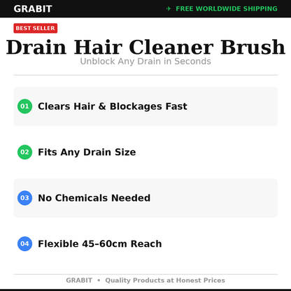 Drain Unblocker Hair Removal Tool UK | Flexible 60cm | Shower Bath Sink | No Chemicals